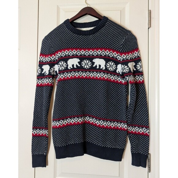 Aspen Men's Sweater Size S Fair Isle Navy Polar Bear Snowflake Holiday Cotton - Picture 1 of 8